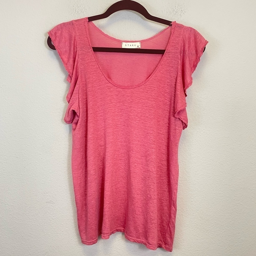 Stark x Pink Linen Flutter Sleeves Scoop Neck Relaxed Fit Top Size XS